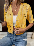 Women'S Elegant Yellow Cardigan with Button Front - V-Neck, Short Sleeve, Medium Stretch, Perfect for Spring & Fall, Casual Cardigan|Vneck Design| Constructio