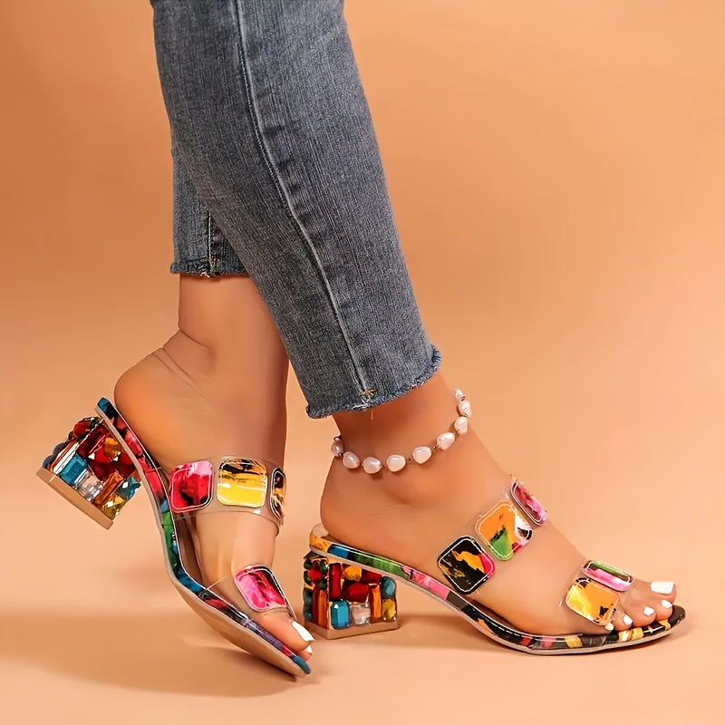 Colorful Floral Pattern Slip-On High Heel Sandals for Women - Open Toe, Thick Platform Sole, Synthetic Cover, Comfortable & Stylish Casual Summer Shoes, Chunky Heel Sandals