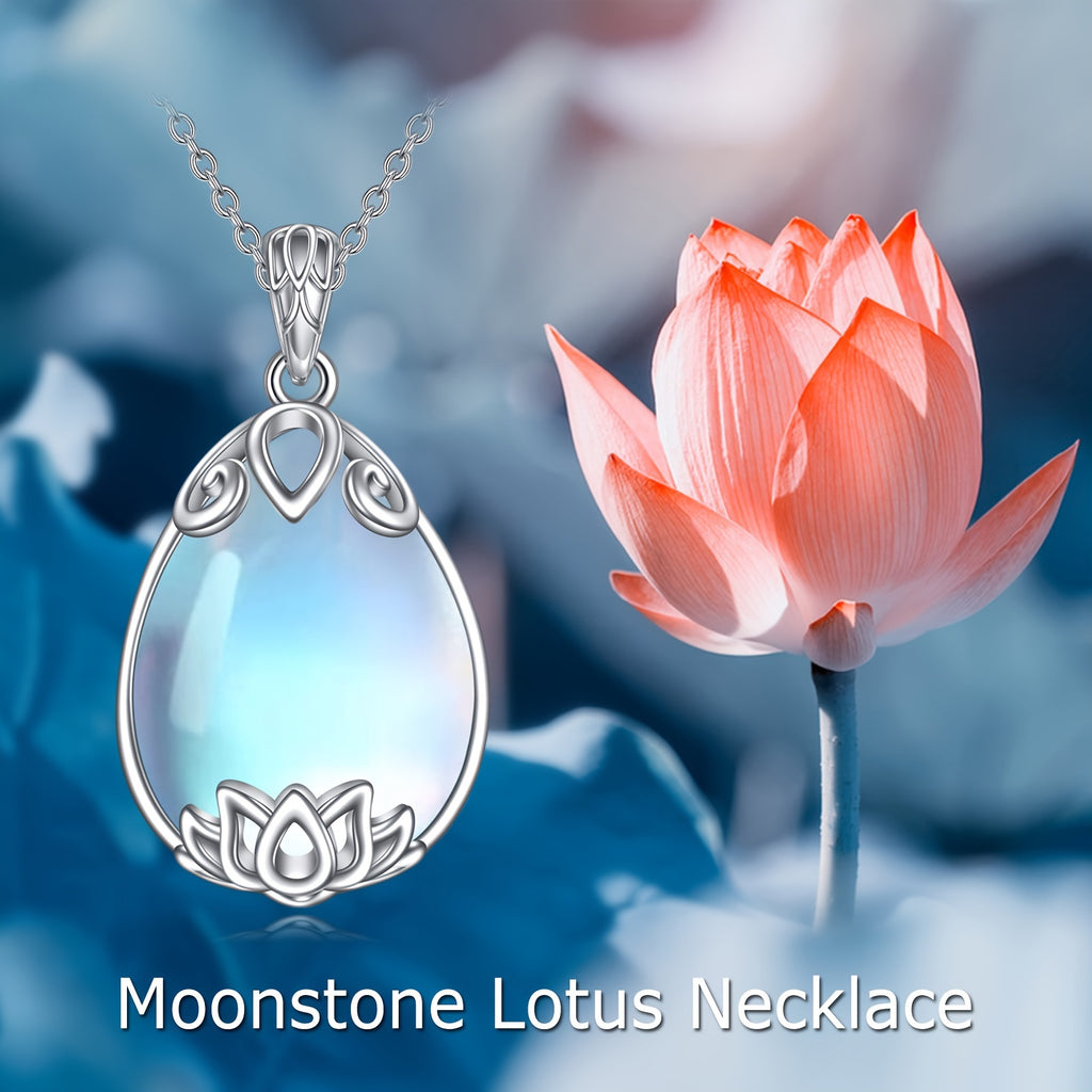 Moonstone Lotus Necklace 925 Sterling Silver Filigree Teardrop Pendant Necklace Jewelry Gift For Women