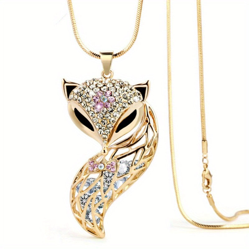 Chic Fox Head Pendant Necklace - South Korea Fashion, Alloy with Rhinestones, Versatile Long Sweater Chain for Women