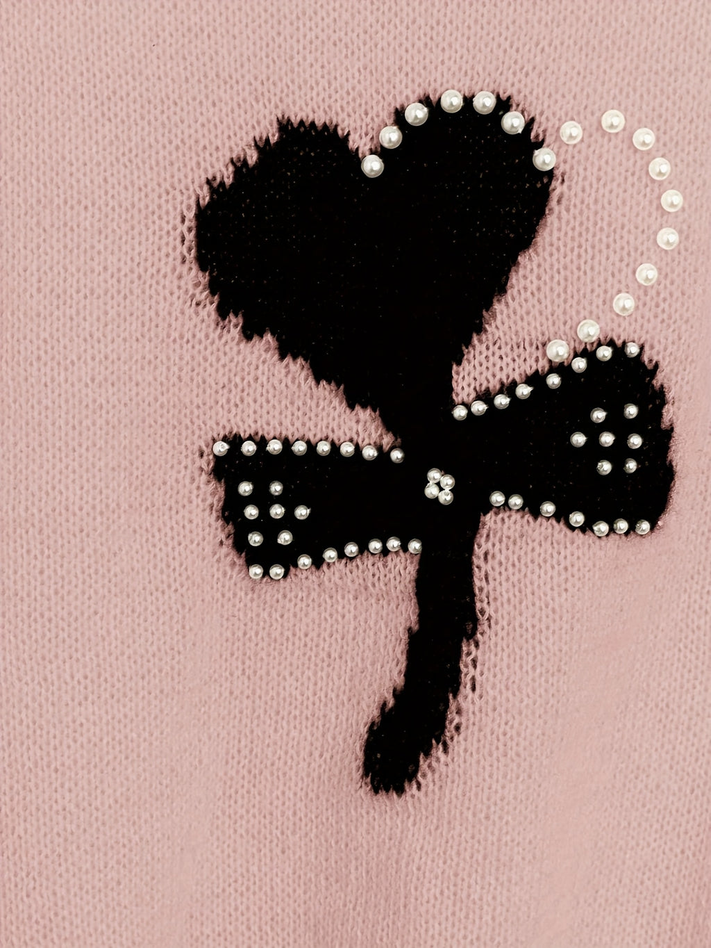 Chic Pink Knit Sweater with Bow Detail - Casual Crew Neck, Beaded Accents, Ribbed Cuffs & Hem, All-Season Women'S Fashion Top, Stylish Layering Piece | Bow Detail Top | Knitted Textur