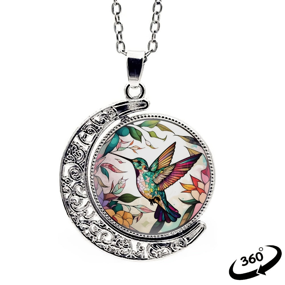 Elegant Fashion Colorful Hummingbird Crescent Half Moon 360¡ã Rotation Round Crystal Pendant Necklace Creative Men Women Jewelry Gifts