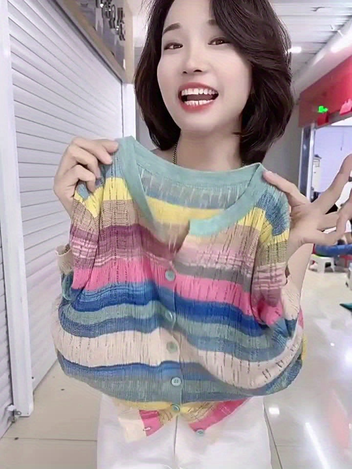 Women'S Casual Rainbow Striped Short Sleeve Cardigan - Comfortable Polyester Knit, Breathable & Stylish, Round Neck, Summer Top, Casual Summer Top|Striped Cardigan|Knit Construction, Ladies Cardigan