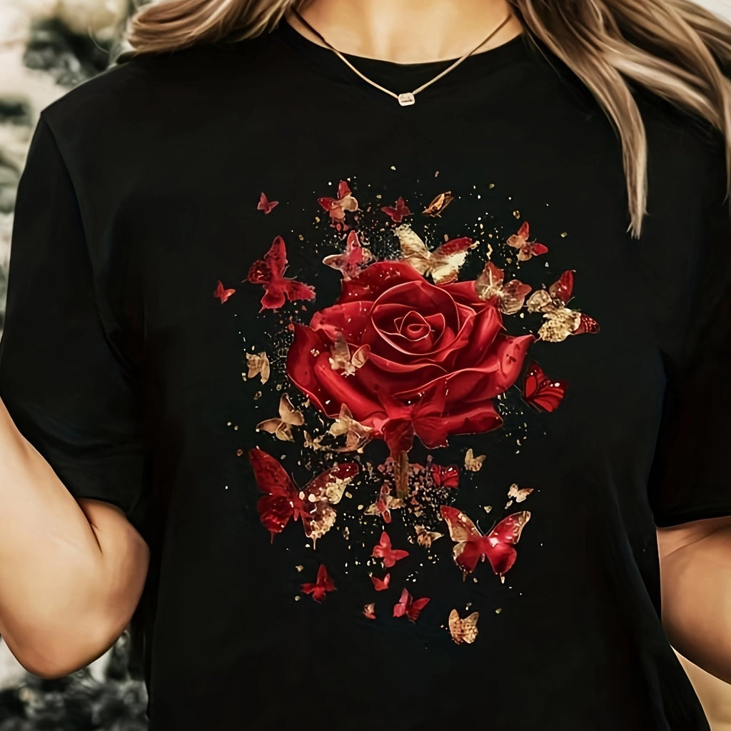 1pc Mother'S Day Rose Graphic T-Shirt - Black Polyester Knit, Vibrant Red Rose with Butterflies Design, Perfect for Spring & Summer, Casual All-Season Top, Machine Washable, Casual Wear | Floral Print Shirt | Polyester Fabric