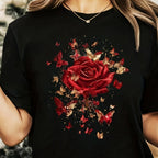 1pc Mother'S Day Rose Graphic T-Shirt - Black Polyester Knit, Vibrant Red Rose with Butterflies Design, Perfect for Spring & Summer, Casual All-Season Top, Machine Washable, Casual Wear | Floral Print Shirt | Polyester Fabric