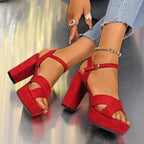 Women'S Stylish Red High-Heel Sandals with Buckle Closure - Elegant Block Heel, Open Toe Design, Perfect for Summer and All Seasons, Fashionable Footwear|Elegant Heel Sandals|Durable Footwear