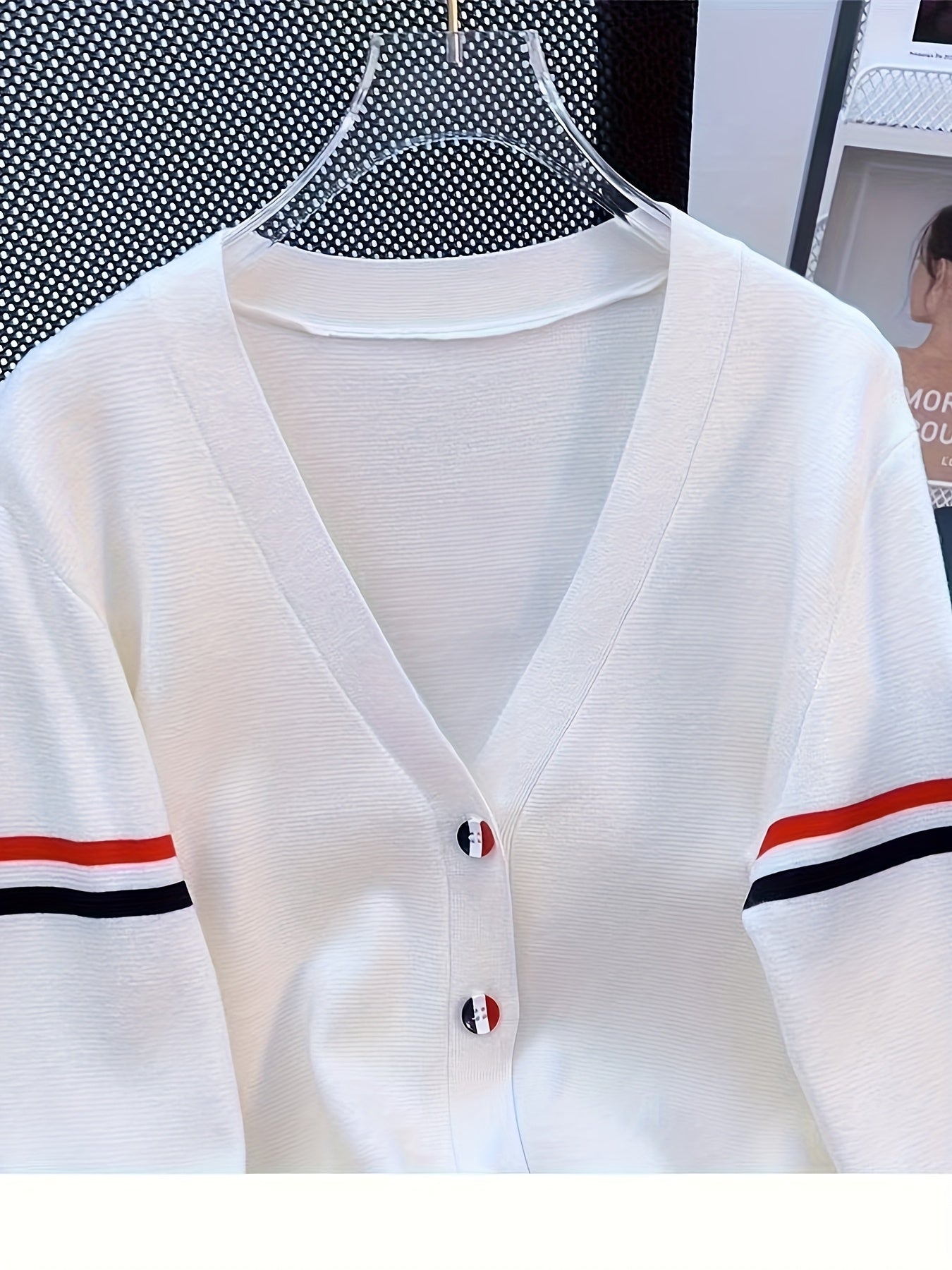 Women's Ice Silky Fiber V-Neck Cardigan - White with Red & Blue Striped Cuffs, Lightweight Long Sleeve Button-Front Spring\u002FFall Layering, Machine Washable Office to Casual Chic
