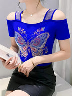 Elegant Off-Shoulder Butterfly Rhinestone Top - High Stretch Mesh, Short Sleeve, Double Layer Design, Vibrant Floral & Butterfly Pattern, Women's Fashion for Summer