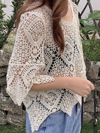 Elegant Crochet Hollow-Out Knit Top - Breathable Cotton Blend, Semi-Sheer, Round Neck - Perfect for Spring & Summer