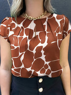 Women'S Casual Blue Floral Print Short Sleeve Blouse - Ruched Bust, Crew Neck, Relaxed Fit for Spring\u002FSummer, Weekend Attire, Casual Wear|Floral Print Top|Ruched Detailing