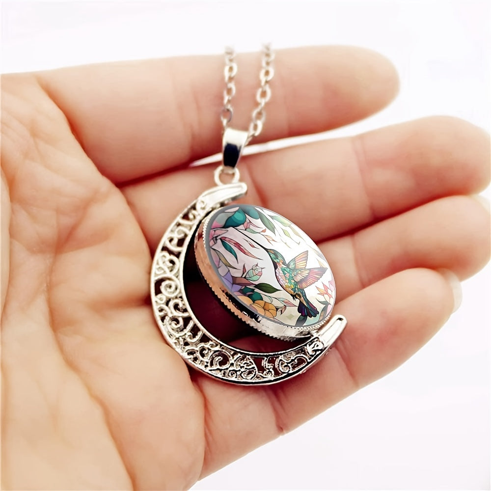 Elegant Fashion Colorful Hummingbird Crescent Half Moon 360¡ã Rotation Round Crystal Pendant Necklace Creative Men Women Jewelry Gifts