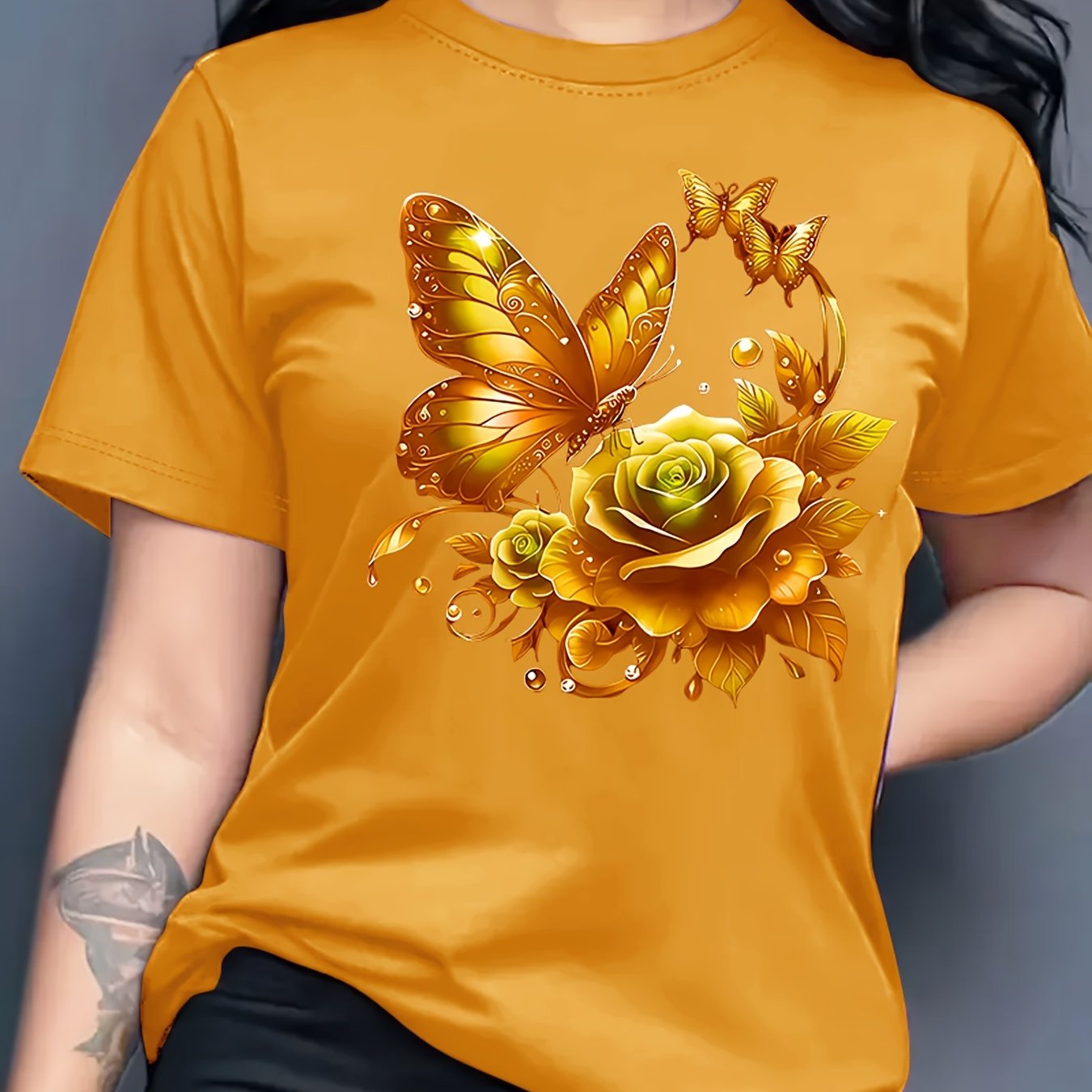 Women'S Casual Crew Neck T-Shirt with Purple Rose and Butterfly Graphic Print, Short Sleeve Regular Length Top for Spring and Summer, Ideal Birthday or Holiday Gift, Ladies T Shirts