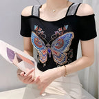Elegant Off-Shoulder Butterfly Rhinestone Top - High Stretch Mesh, Short Sleeve, Double Layer Design, Vibrant Floral & Butterfly Pattern, Women's Fashion for Summer