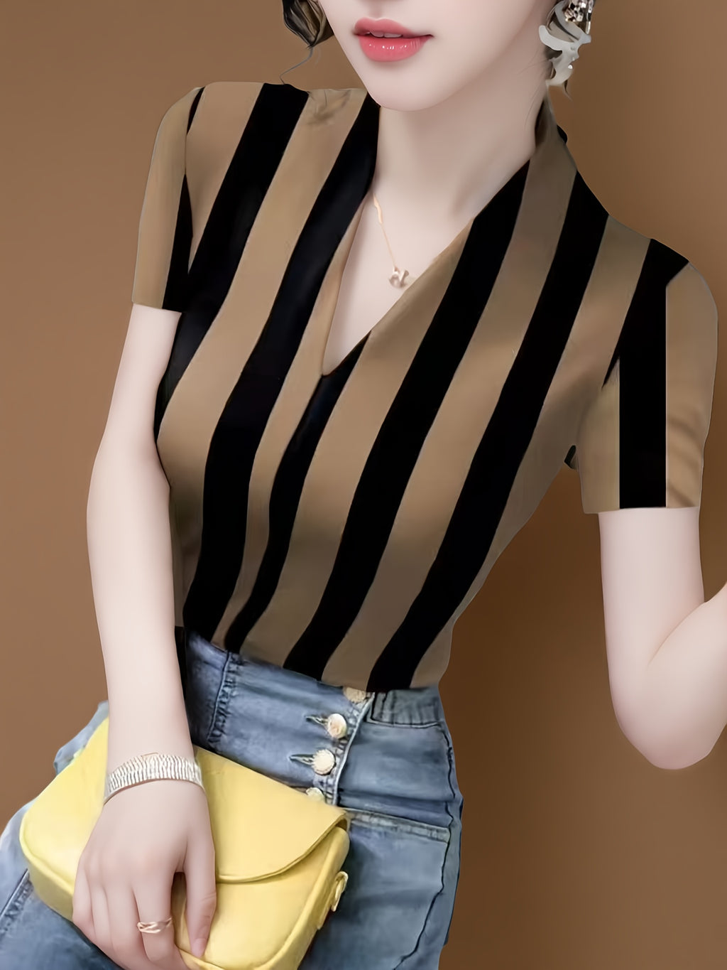 Chic V-Neck Short Sleeve T-Shirt for Women - Slim Fit, Fabric, Geometric Design, Perfect for Spring\u002FSummer\u002FFall, Stylish Layering Piece