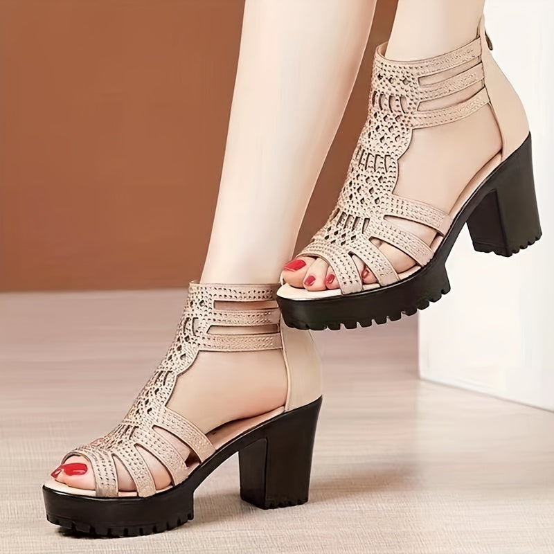 Women'S Stylish Black Strappy Sandals with Chunky Heels - Perfect for Summer, Casual & Formal Wear, Zip Closure, Rubber Sole, Synthetic Insole, Fabric Upper, Fashionable Footwear | Strappy Sandals | Comfortable Footwear