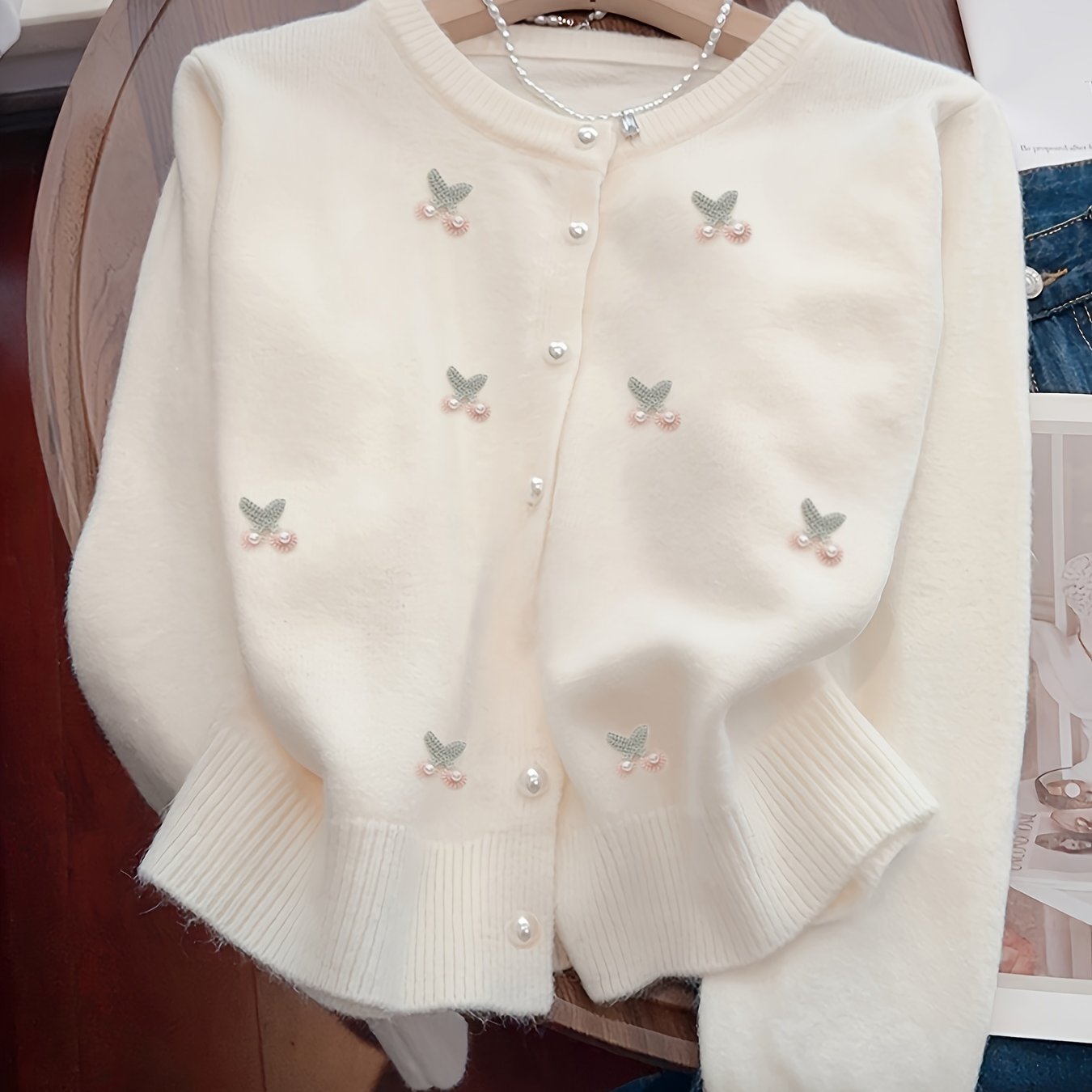 Women's Elegant Casual Round Neck Cardigan with Cherry Embroidery & Pearl Buttons - Long Sleeve All-Season Sweater for Casual Attire, Cardigan Sweater, Versatile Layering, Chic Knitwear, Delicate Embroidery, Top, Stylish Women
