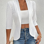 Women's Elegant Open-Front Cardigan - Solid White, Half Sleeve, Eyelet Embroidery, Lightweight Knit, Spring\u002FFall Fashion Jacket, Lightweight Cardigan