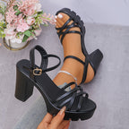 Women's High Heels with Buckle, Thick Heel, Comfortable and Fashionable Casual Shoes