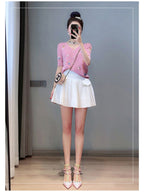 DATY Women's Lightweight V-Neck Short Sleeve Cardigan - Summer Casual Button Front Openwork Design, Soft Pink Sun-Protective Layering Top for Spring\u002FSummer, Short Sleeve Cardigan, Summer Layering Piece, Embroidered Detailing