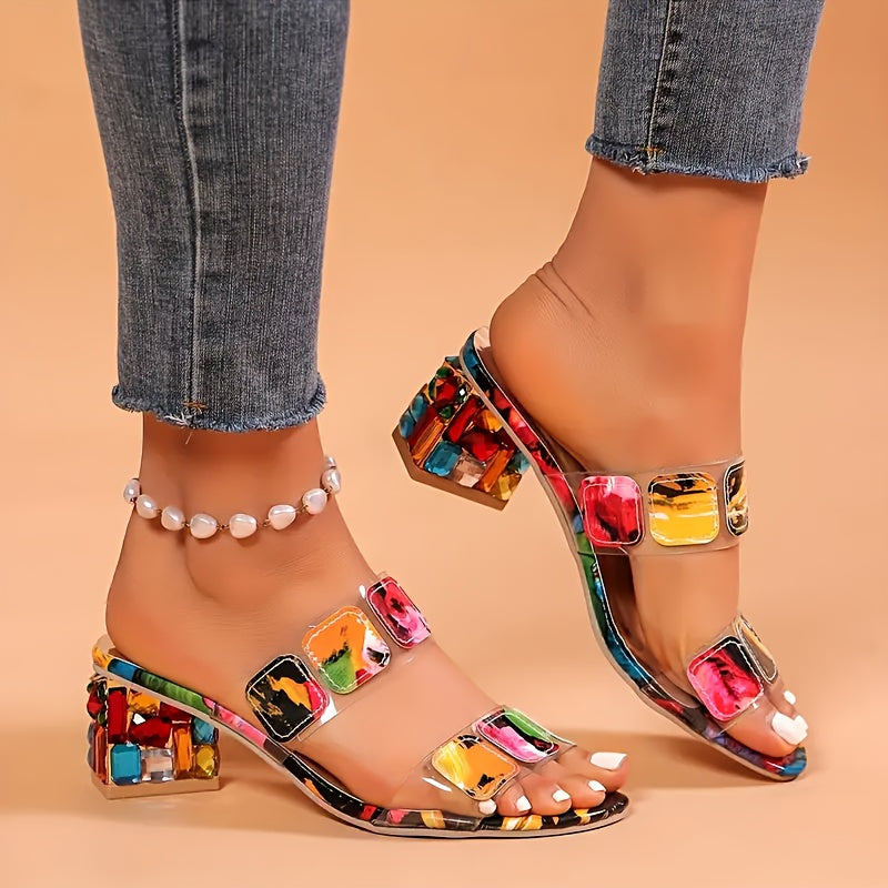 Colorful Floral Pattern Slip-On High Heel Sandals for Women - Open Toe, Thick Platform Sole, Synthetic Cover, Comfortable & Stylish Casual Summer Shoes, Chunky Heel Sandals