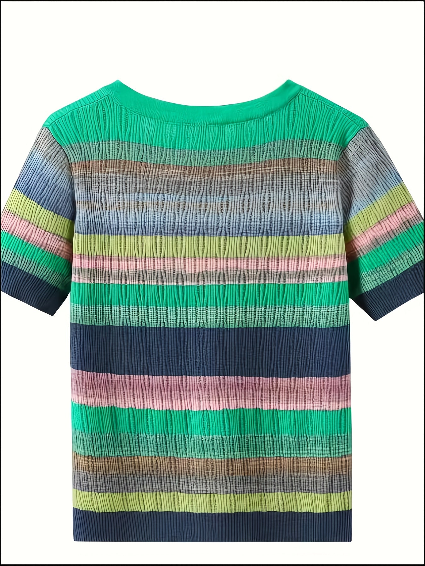 Women's Elegant Rainbow Striped Short Sleeve Cardigan - Breathable Top with Color-Blocking Design, Machine Washable Spring Casual Shirt for Layering, Seasonal Fashion, Colorblock Pattern, Quality Stitching, Buttonup Sweater, Fashion Lovers
