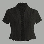 Elegant White Lace Contrast Cardigan - Short Sleeve, Stand Collar, Open Front Jacket for Women | Perfect for Spring\u002FSummer Parties & Casual Wear, Party Wear Cardigan | Lace Detailing | Constructio