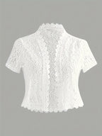Elegant White Lace Contrast Cardigan - Short Sleeve, Stand Collar, Open Front Jacket for Women | Perfect for Spring\u002FSummer Parties & Casual Wear, Party Wear Cardigan | Lace Detailing | Constructio