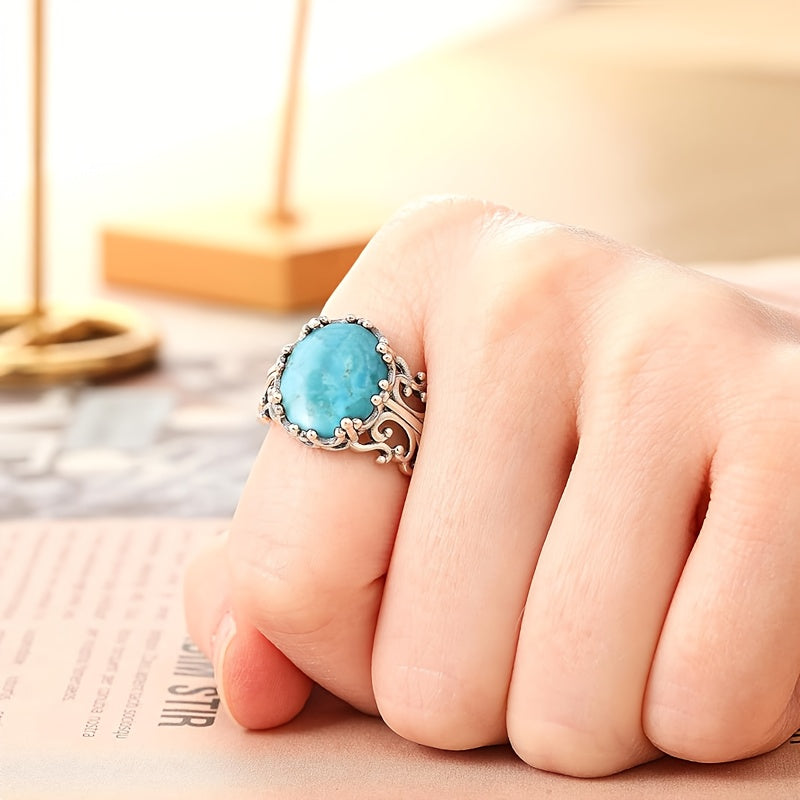 A Stylish S925 Silver Ring for Women Featuring Floral Designs And Turquoise, Adjustable And Open-Ended, Perfect As a Jewelry Gift for Mother'S Day, with a Low Allergy Risk And a Weight of 3.3G.