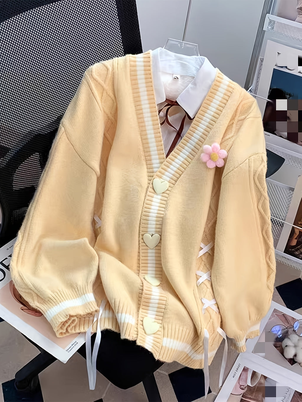 Women'S V-Neck Cardigan with Color Block Design, Acrylic Blend Knit Sweater, with Button Details and Drawstring for All Seasons