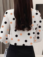 Women's Lightweight Polka Dot Print Long Sleeve Shirt - Semi-Sheer Loose Fit Blouse with Bow Tie Collar, Machine Washable Spring Summer Office Casual Top, Casual Attire, Fashionforward Look, Elegant Design