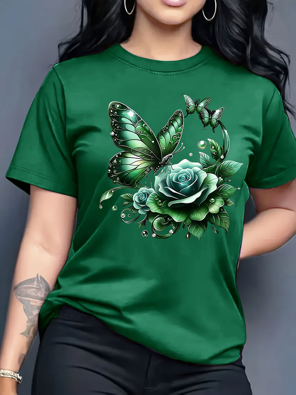 Women'S Casual Crew Neck T-Shirt with Purple Rose and Butterfly Graphic Print, Short Sleeve Regular Length Top for Spring and Summer, Ideal Birthday or Holiday Gift, Ladies T Shirts