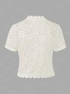 Elegant White Lace Contrast Cardigan - Short Sleeve, Stand Collar, Open Front Jacket for Women | Perfect for Spring\u002FSummer Parties & Casual Wear, Party Wear Cardigan | Lace Detailing | Constructio