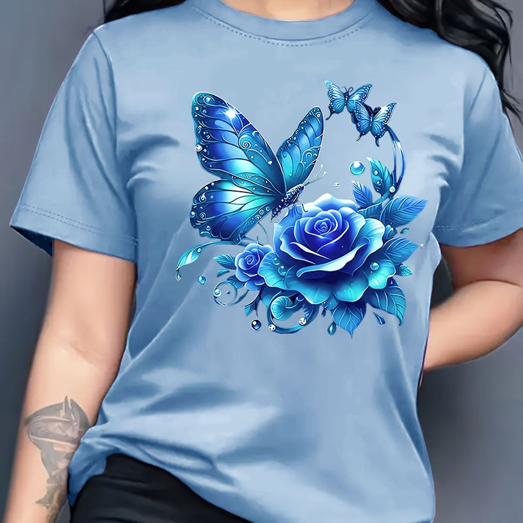 Women'S Casual Crew Neck T-Shirt with Purple Rose and Butterfly Graphic Print, Short Sleeve Regular Length Top for Spring and Summer, Ideal Birthday or Holiday Gift, Ladies T Shirts