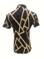 Women's V-Neck Short Sleeve T-Shirt - Slim Fit High Elasticity Ice Silky Polyester-Spandex Blend, Geometric Print Black & Golden Summer Top for Casual & Formal Wear, Ladies T Shirts