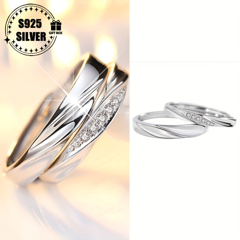 Adjustable 925 Sterling Silver Couple Ring - Hypoallergenic, Classic Luxury Elegant Jewelry Gift for Men and Women, Fashion Accessory, Suitable for Daily Wear, Light Wave, Holiday Gift