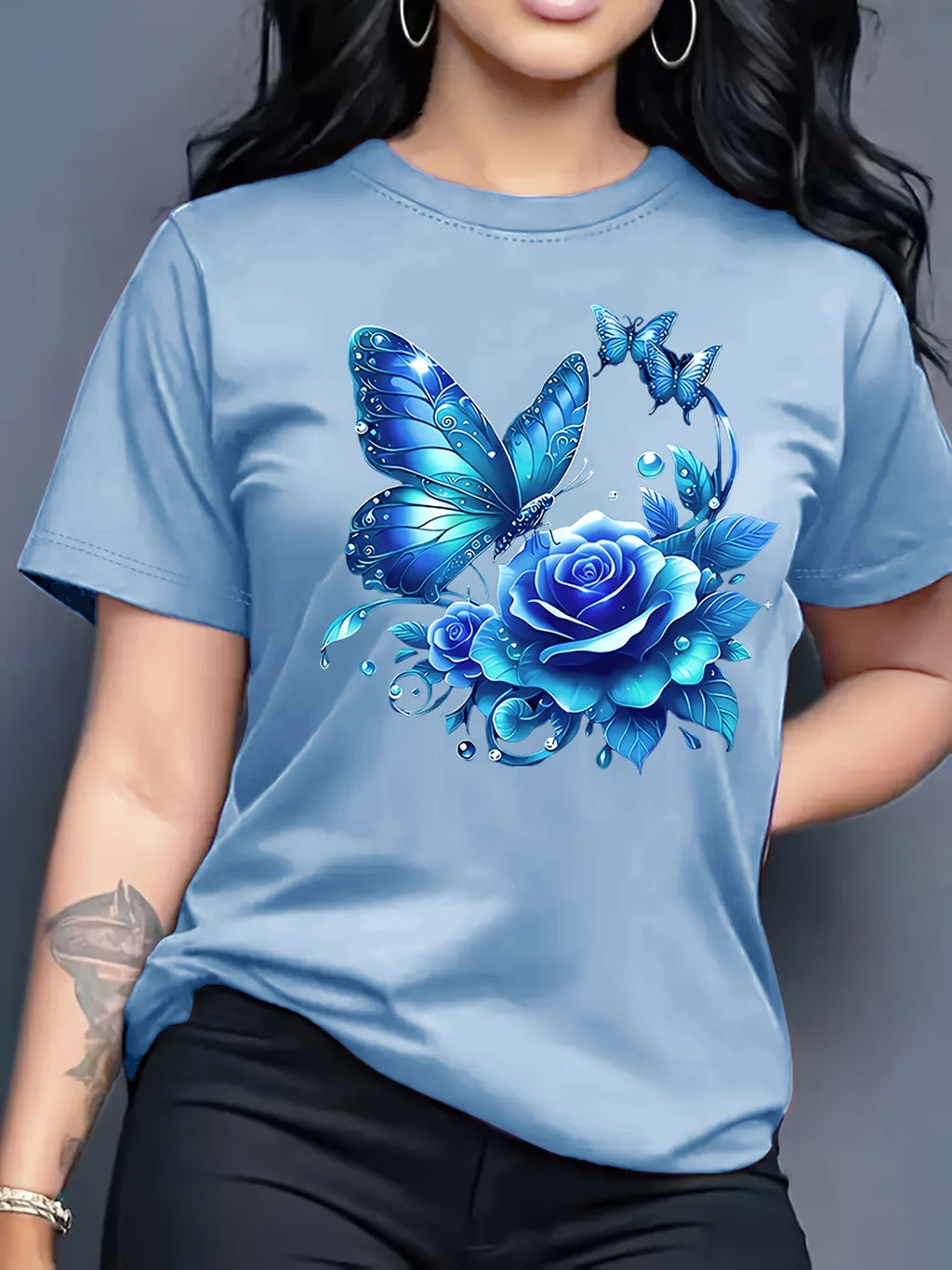 Women'S Casual Crew Neck T-Shirt with Purple Rose and Butterfly Graphic Print, Short Sleeve Regular Length Top for Spring and Summer, Ideal Birthday or Holiday Gift, Ladies T Shirts