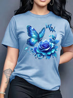 Women'S Casual Crew Neck T-Shirt with Purple Rose and Butterfly Graphic Print, Short Sleeve Regular Length Top for Spring and Summer, Ideal Birthday or Holiday Gift, Ladies T Shirts