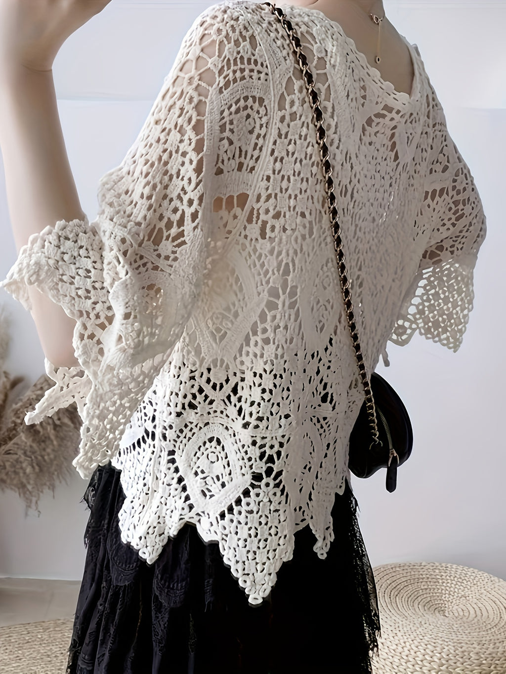 Elegant Crochet Hollow-Out Knit Top - Breathable Cotton Blend, Semi-Sheer, Round Neck - Perfect for Spring & Summer