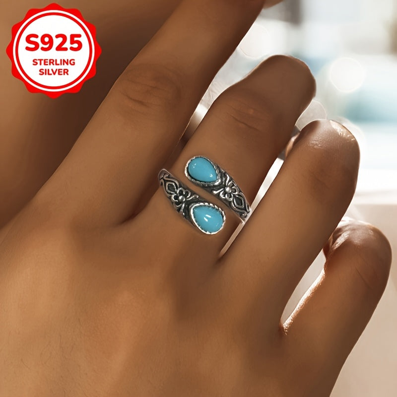 A pair of Women's rings, creative bow, inlaid synthetic turquoise spoon shaped ring, 925 Silvery 3g, daily wear, gift giving for women