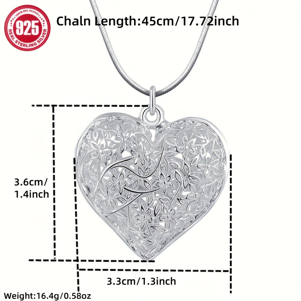 1pc Elegant 925 Sterling Silver Hollow Heart-Shaped Pendant Snake Bone Necklace, DIY Charm for Women - Ideal for Birthday, Carnival, Ramadan, Easter, Valentine's, Mother'S Day Gift