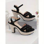 Women's Black Open-Toe Chunky Heel Sandals with Adjustable Ankle Strap & Buckle Closure - Breathable Fabric Upper, Cushioned Insole, Durable Rubber Sole for Casual & Formal Occasions, High Heel Sandals