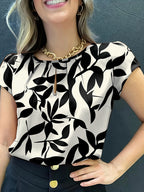 Women'S Casual Blue Floral Print Short Sleeve Blouse - Ruched Bust, Crew Neck, Relaxed Fit for Spring\u002FSummer, Weekend Attire, Casual Wear|Floral Print Top|Ruched Detailing