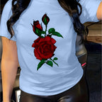 Rose Print Women's Casual Comfortable Crew Neck T-Shirt with Double Shoulder Seams