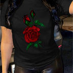 Rose Print Women's Casual Comfortable Crew Neck T-Shirt with Double Shoulder Seams