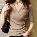 Elegant V-Neck Top for Women - Chic Half Sleeve Sweater Blouse with Fake Buttons, Ribbed Texture, Perfect for Spring\u002FSummer Casual Wear, Elegant Attire | Stylish Ribbed | Construction