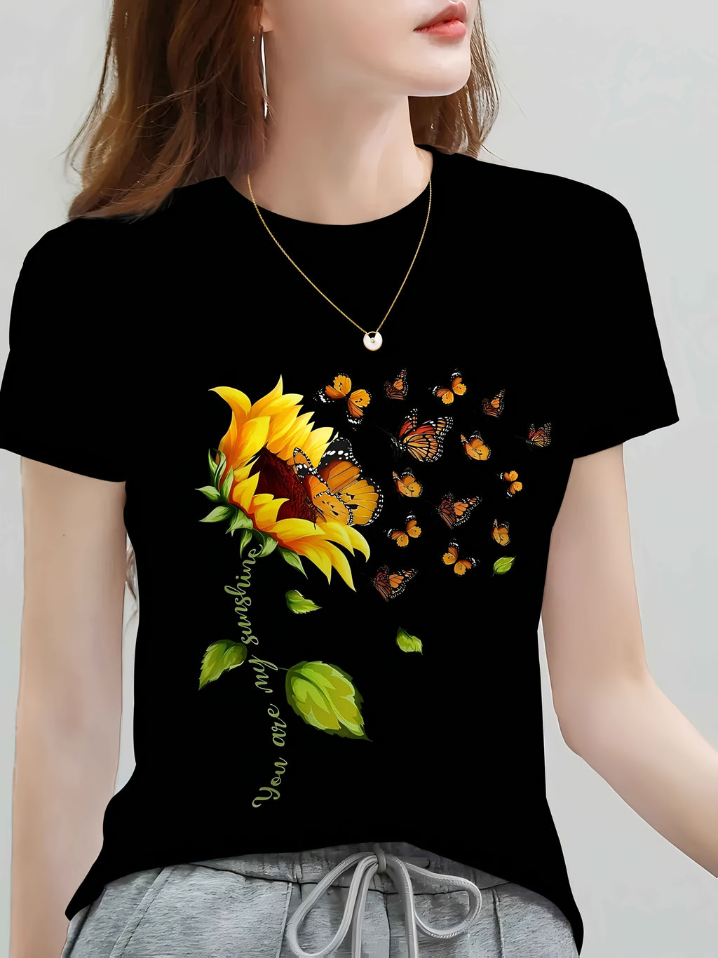 Women's Black Sunflower & Butterfly Print Round Neck T-Shirt - Vibrant Floral Design, Soft Breathable Fabric, Casual Versatile Top for Spring Summer Fall, Machine Washable, Sunflower Tshirt