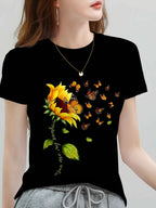 Women's Black Sunflower & Butterfly Print Round Neck T-Shirt - Vibrant Floral Design, Soft Breathable Fabric, Casual Versatile Top for Spring Summer Fall, Machine Washable, Sunflower Tshirt