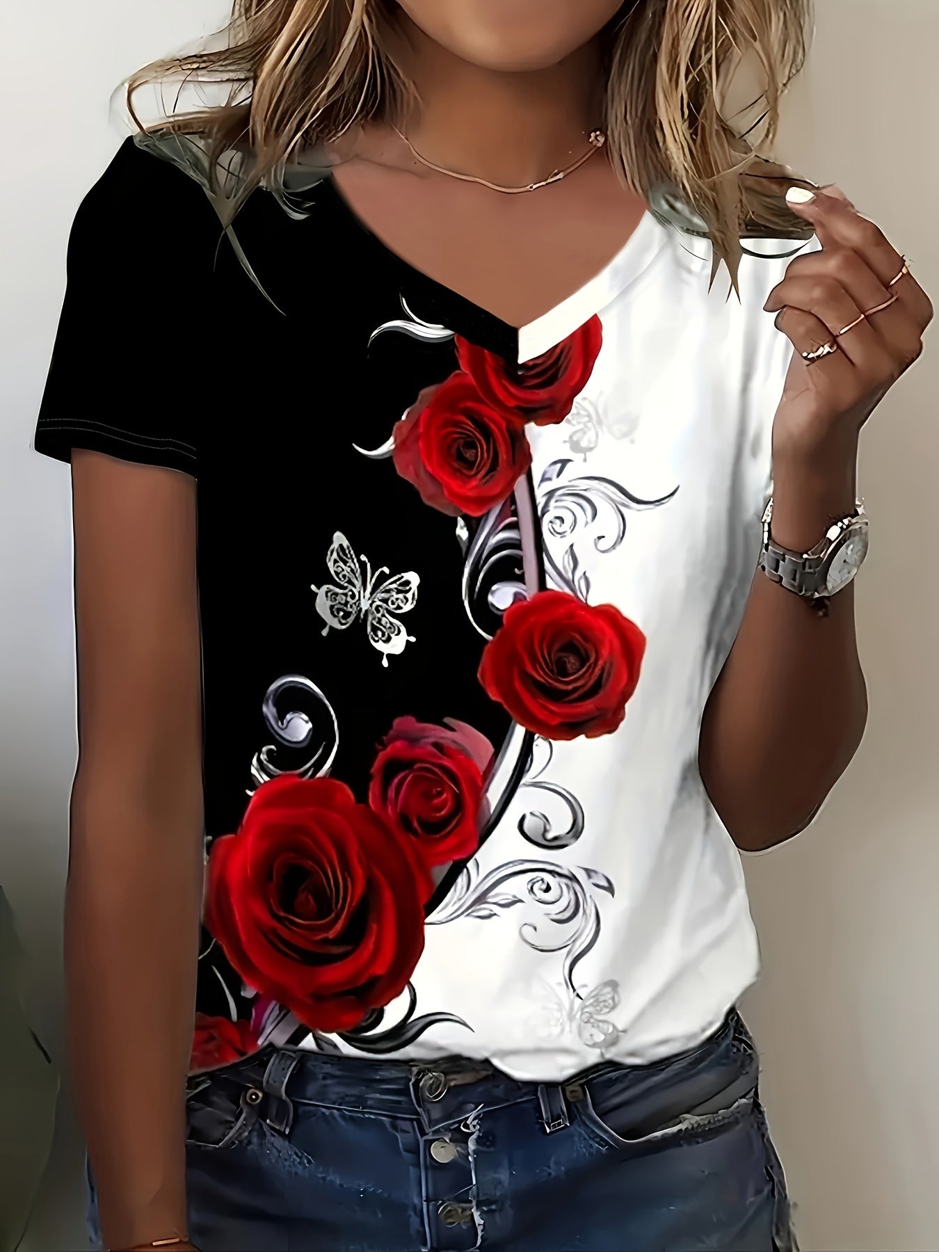 Roses Print V Neck T-Shirt, Elegant Color Block Short Sleeve T-Shirt For Summer, Women's Clothing
