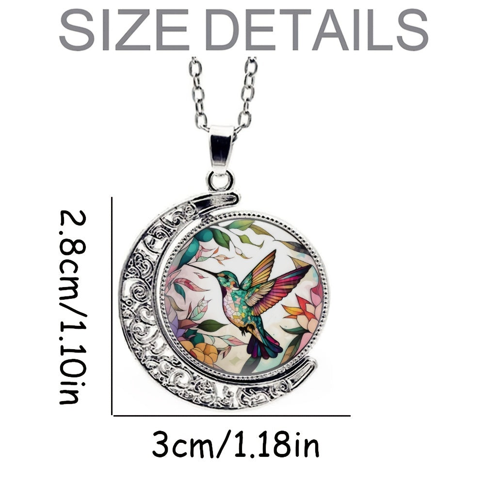 Elegant Fashion Colorful Hummingbird Crescent Half Moon 360¡ã Rotation Round Crystal Pendant Necklace Creative Men Women Jewelry Gifts