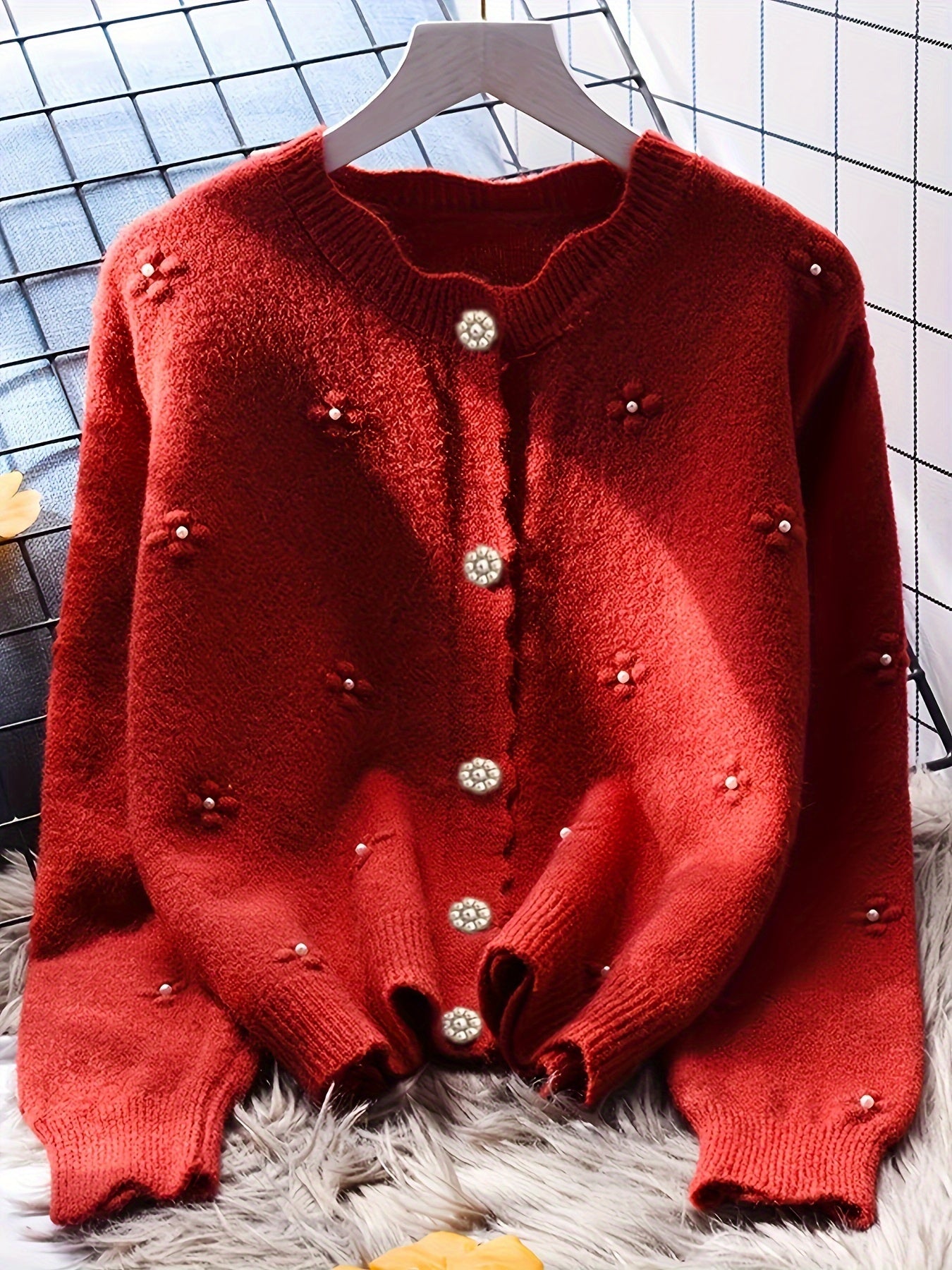 Women's Fashion Knit Cardigan, Round Neck, Embellished 3D Floral, Long Sleeve, Wavy Hem, Solid Color, Polyester, Regular Length, Button Detail, Elegant Style, Autumn\u002FWinter Season